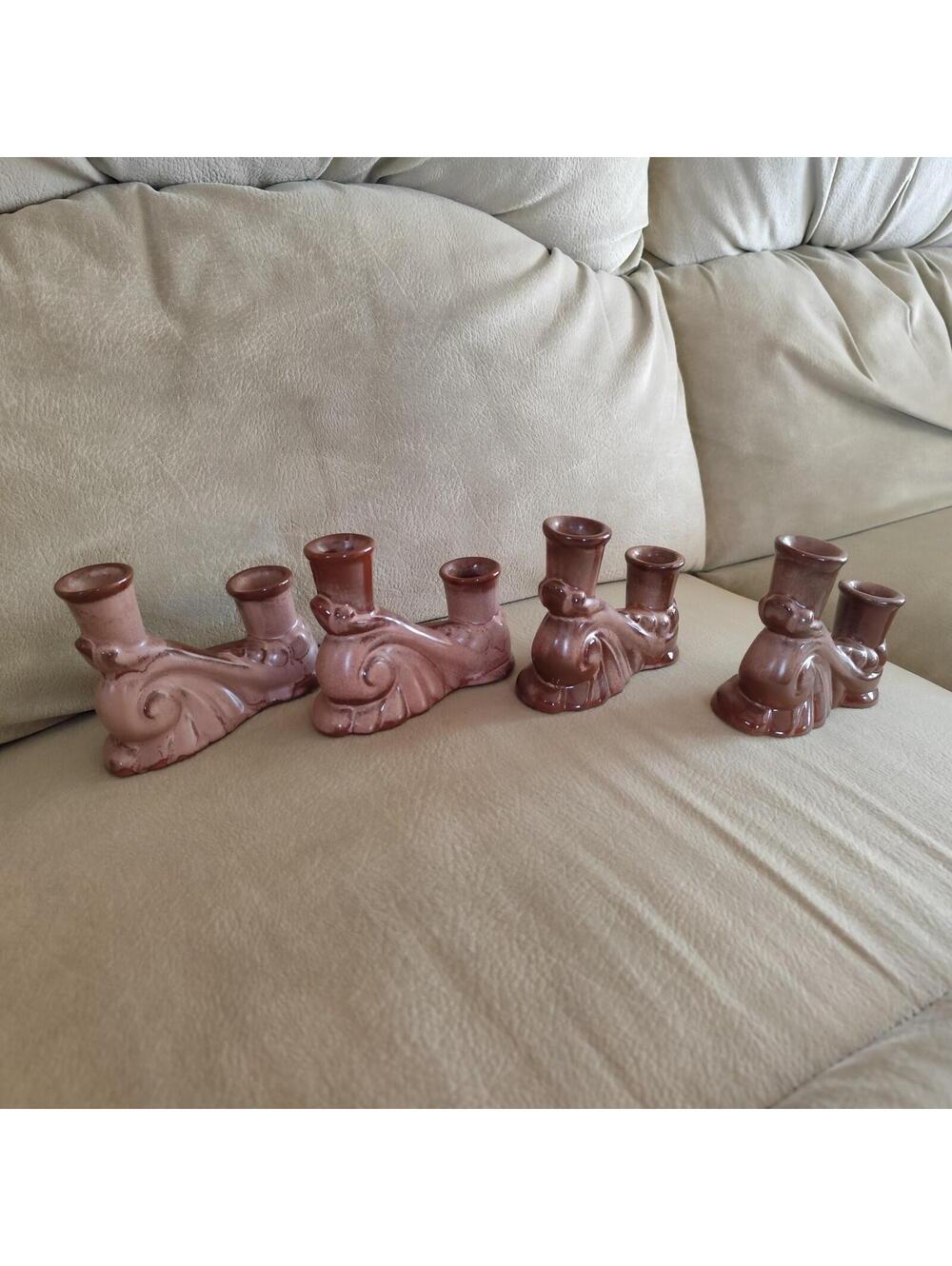 Four (4) Vintage Frankoma Candle Holder Pottery Glazed Brown Double #304